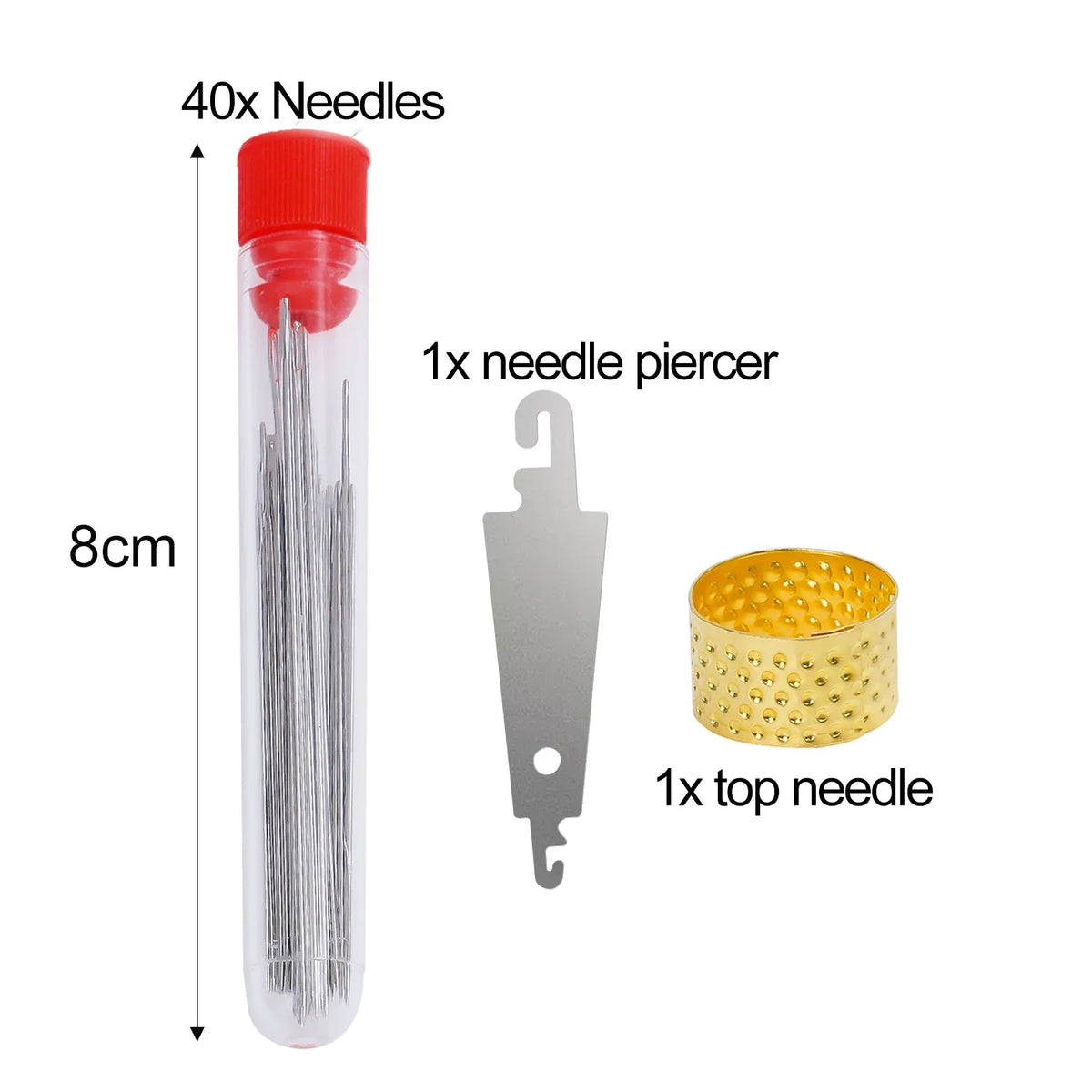 A set of 40 stainless steel embroidery and knitting needles, a needle piercer, and a top needle.