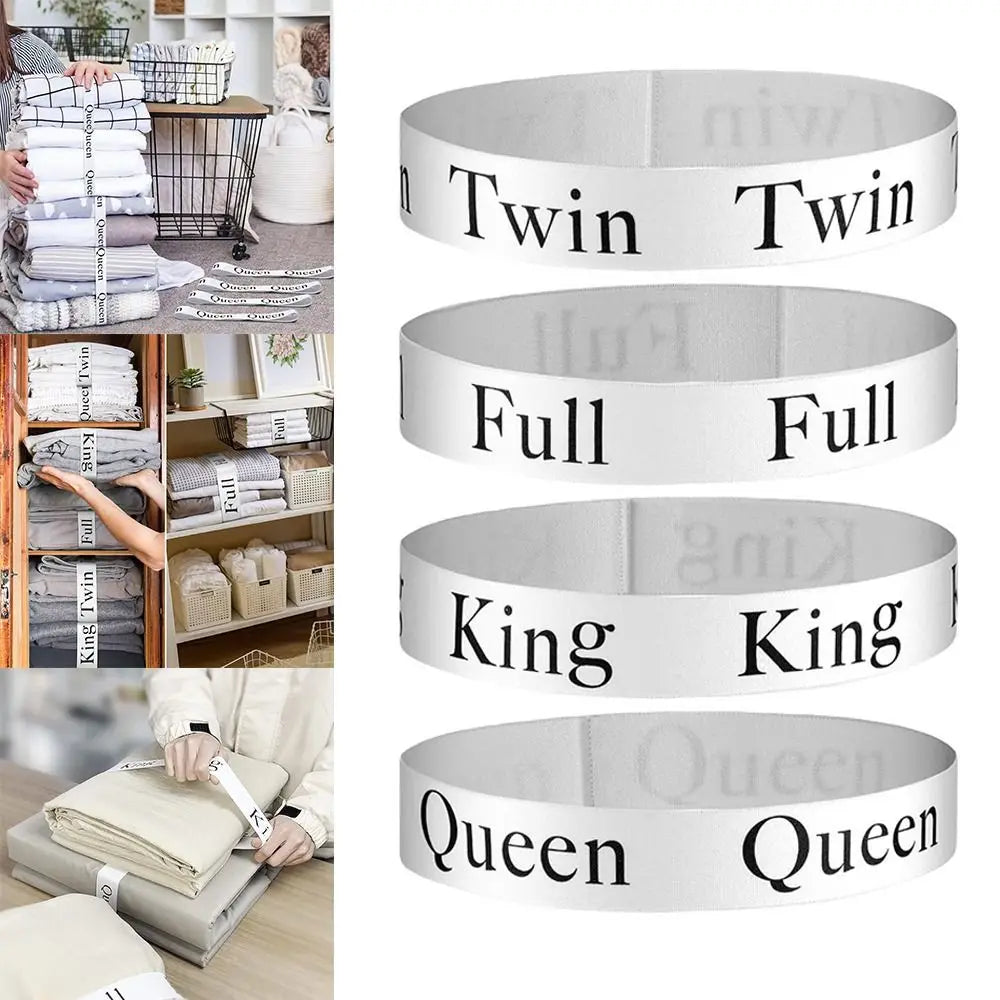 Set of five white adjustable bed sheet organizer straps labeled Twin, Full, King, Queen, and Twin.