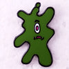 A green Plankton enamel brooch with a surprised expression and pink eye details.