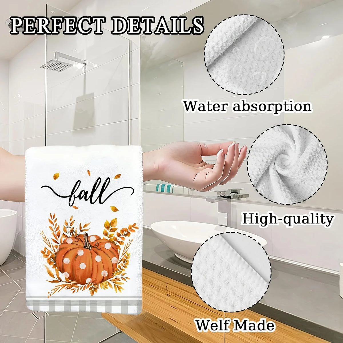 A white kitchen towel with a fall pumpkin print demonstrating water absorption and high-quality self-made material.