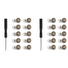 A set of 30 brass jeans buttons arranged in rows for clothing