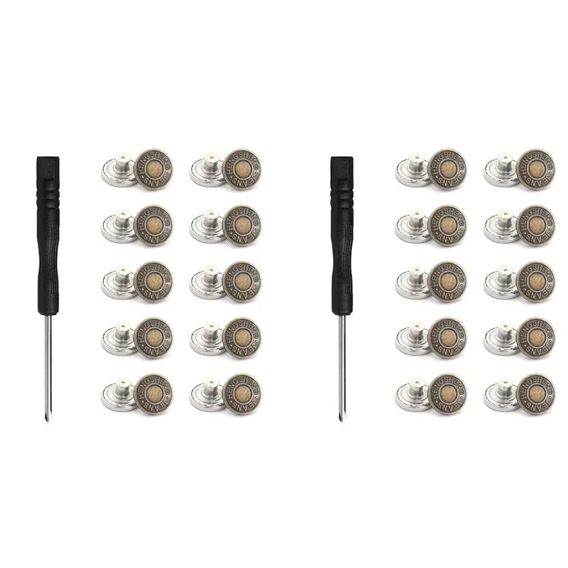 A set of 30 brass jeans buttons arranged in rows for clothing
