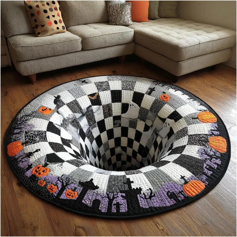 A round optical illusion rug featuring a black and white checkerboard pattern with orange pumpkins and purple foliage.