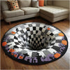 A round optical illusion rug featuring a black and white checkerboard pattern with orange pumpkins and purple foliage.