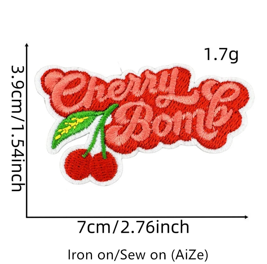 Red cherry bomb embroidered patch measuring 3.9cm by 1.54inch