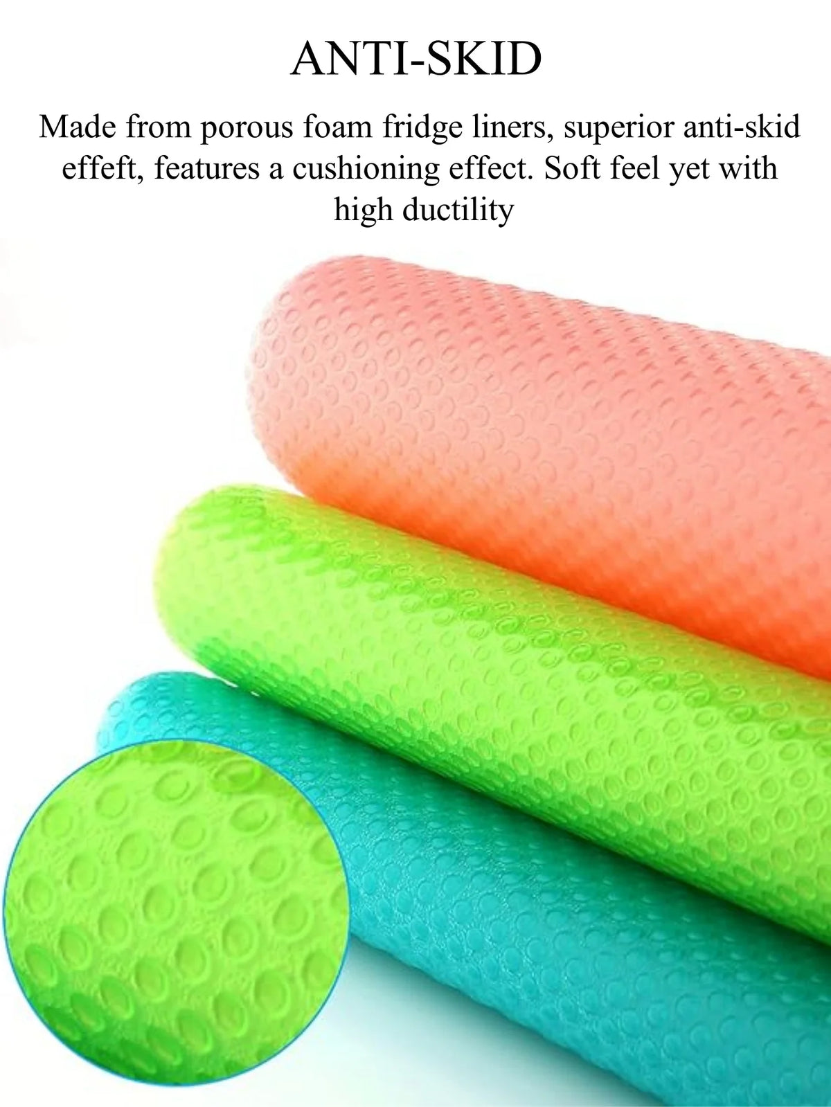Three rolled silicone anti-skid fridge liners in pink, orange, and green colors.