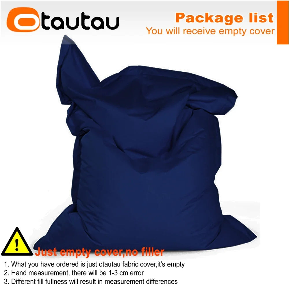 A dark blue empty bean bag cover is shown, emphasizing that it is just a cover with no filler.