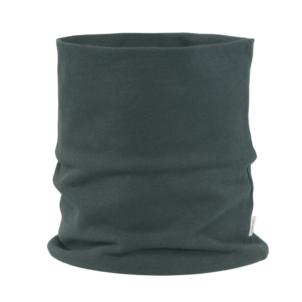 A dark gray soft cotton warm neck scarf rolled into a cylinder shape.