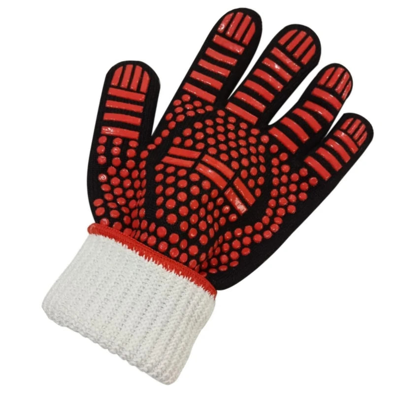 A pair of black and red heat resistant BBQ gloves with a white silicone grip.