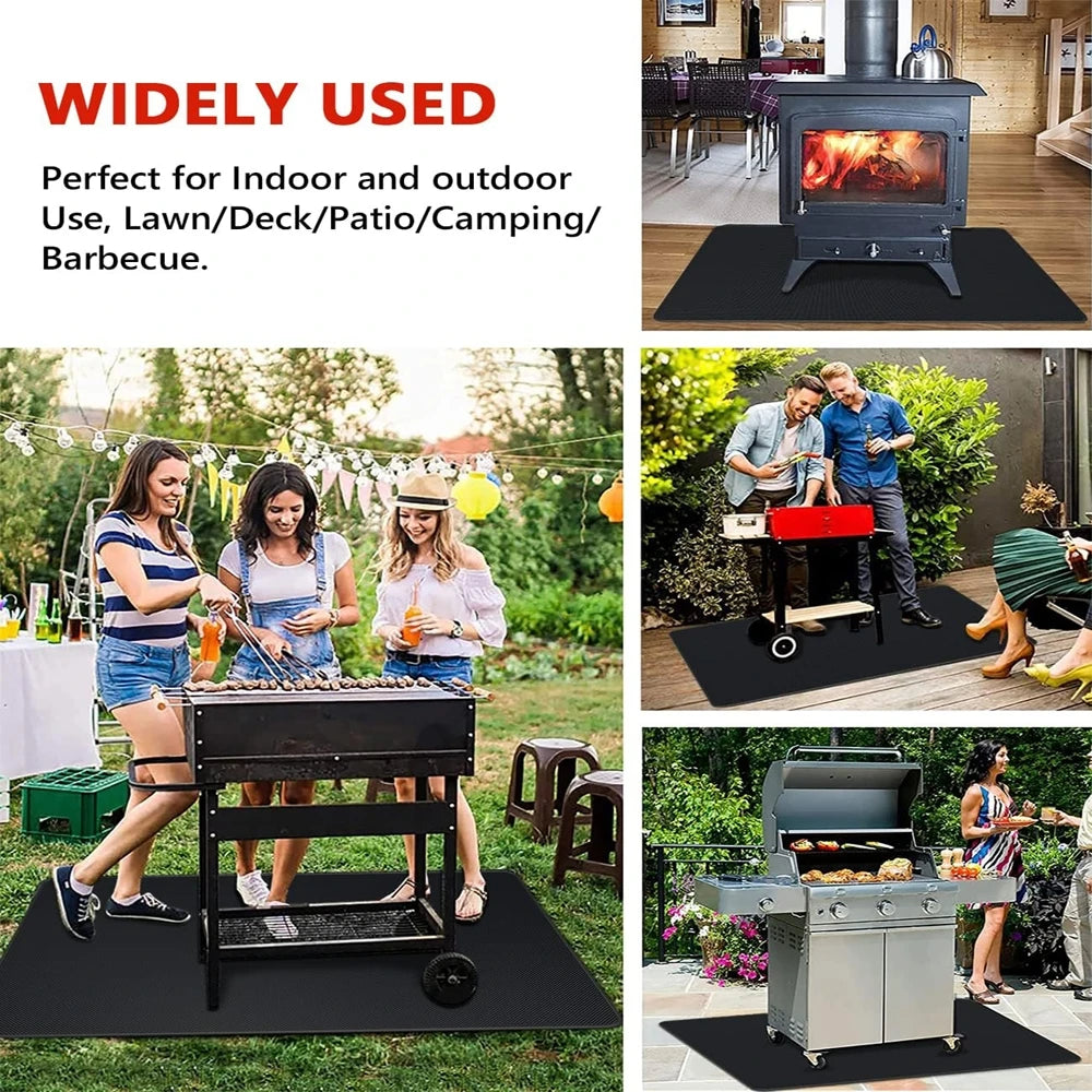 A heavy-duty double-sided grill mat is shown being used for outdoor cooking on a deck.