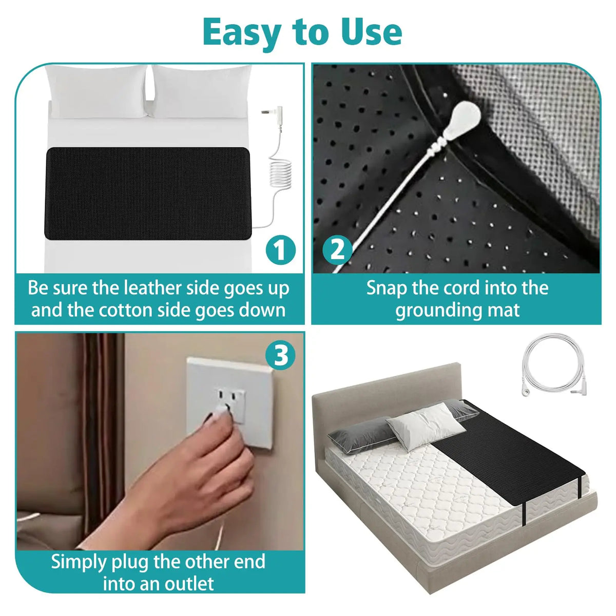 Instructions show how to use a conductive grounding mattress pad by snapping the cord into the mat and plugging it into an ou