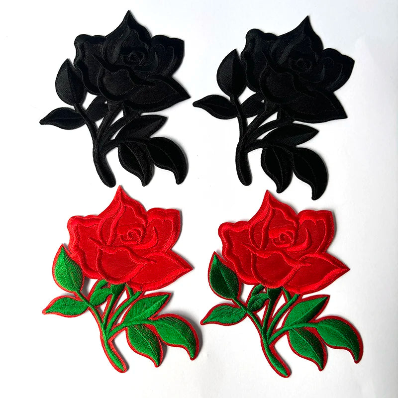 Four embroidered rose flower patches in black and red velvet fabric for DIY apparel