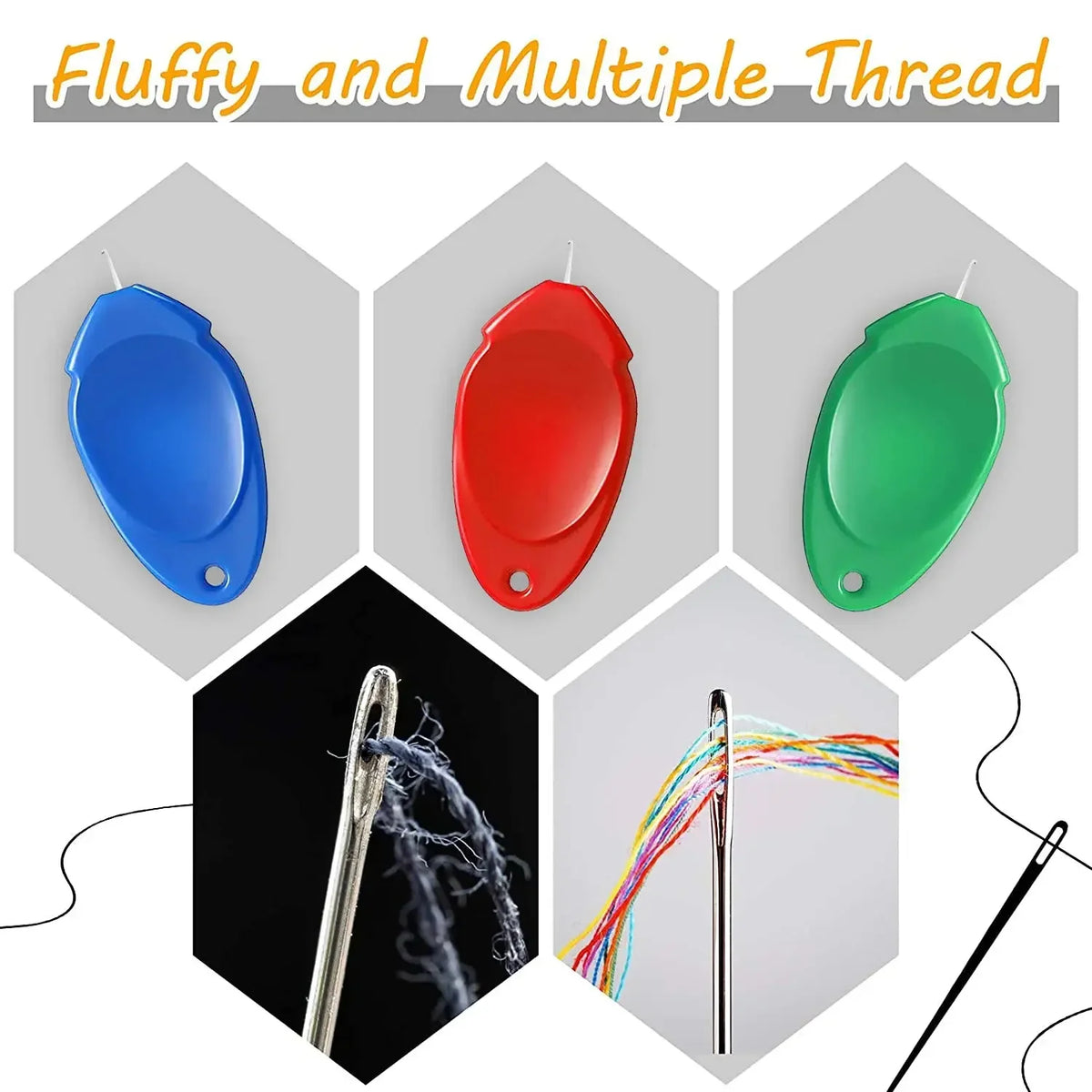 A set of fluffy and multiple thread needles in blue, red, and green colors shown with a sewing needle.
