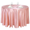 Pink satin round tablecloth set with glassware and silverware for events