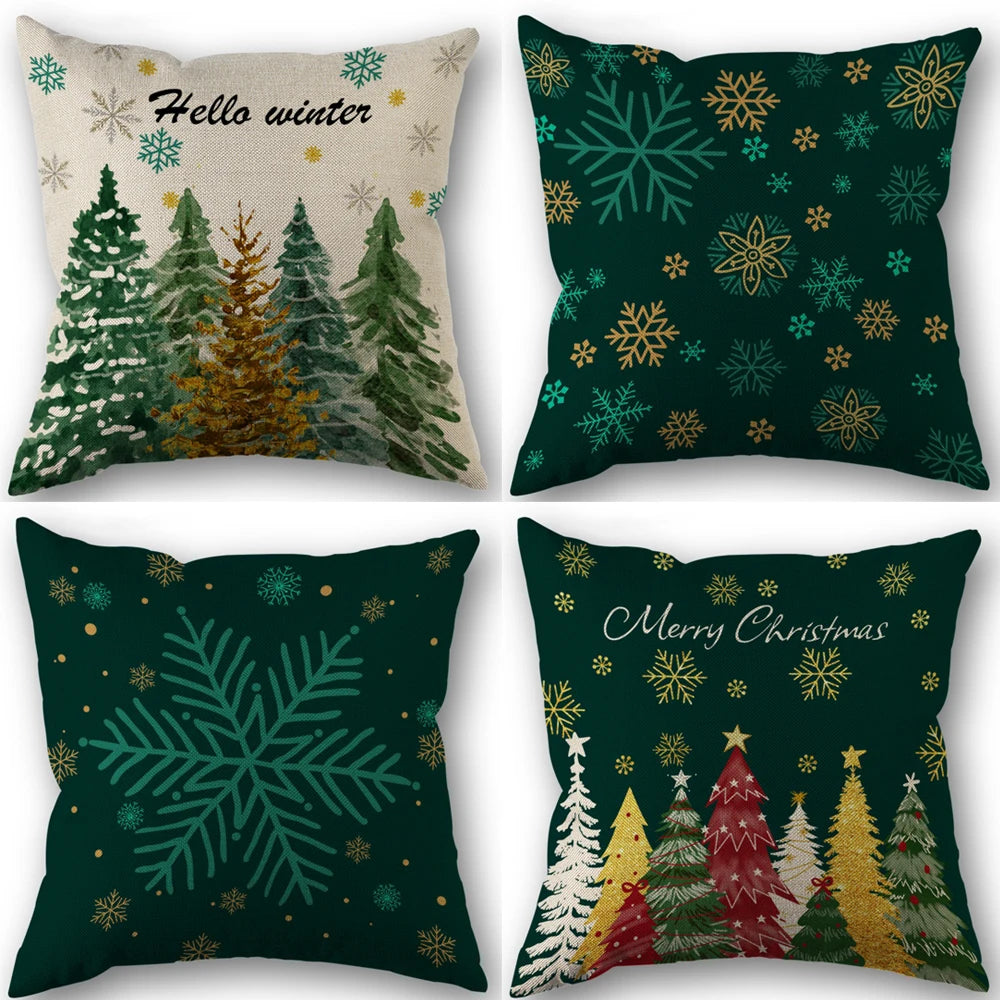Four pillow covers featuring winter and Christmas designs with green, gold, and white accents.