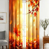 A set of two sheer curtains featuring an autumn maple leaf print with red and orange tones, hanging in a light-filled room.
