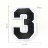 A black felt number 3 patch with white border, measuring 5.1 cm high and 3.5 cm wide.