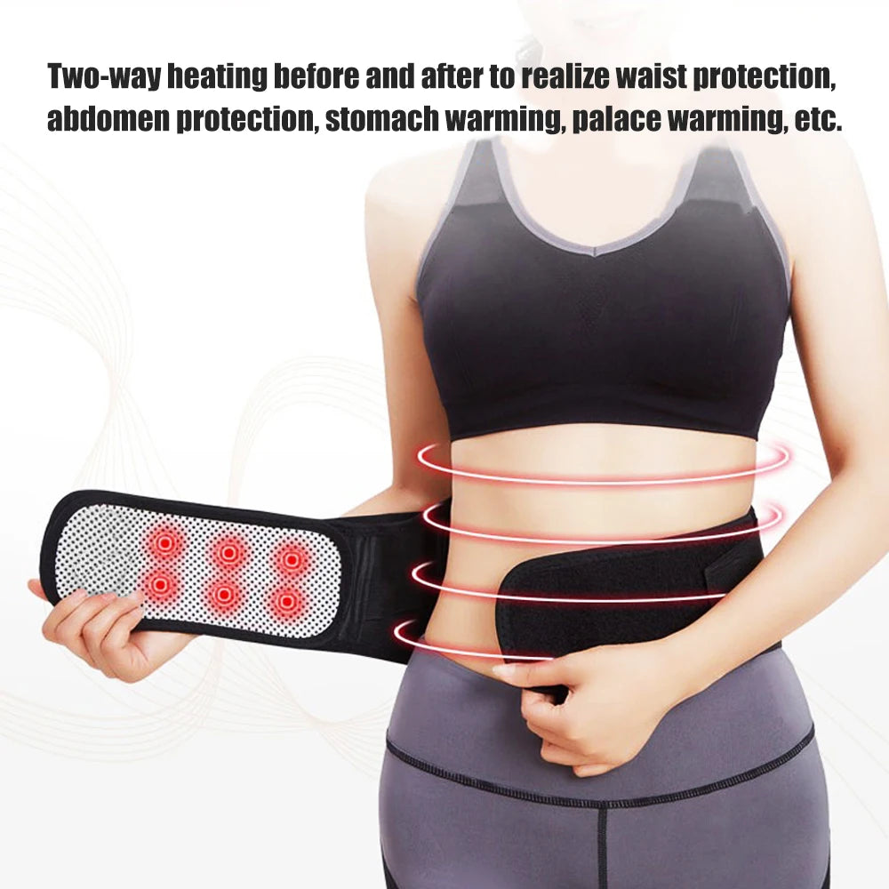 A woman demonstrates a black magnetic therapy waist belt for abdominal and lumbar support.