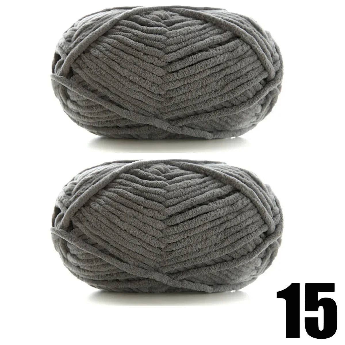 A ball of thick gray velvet yarn used for knitting and crochet projects.