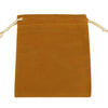 A rectangular, mustard-colored velvet drawstring gift bag with light beige ties.