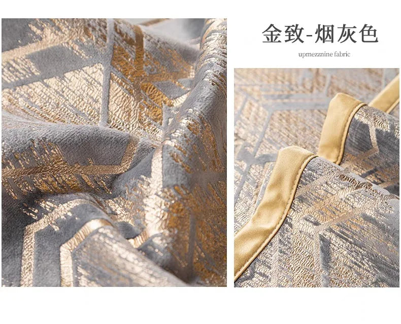 Close-up of a luxurious gold-colored velvet fabric texture with geometric patterns and a satin trim.
