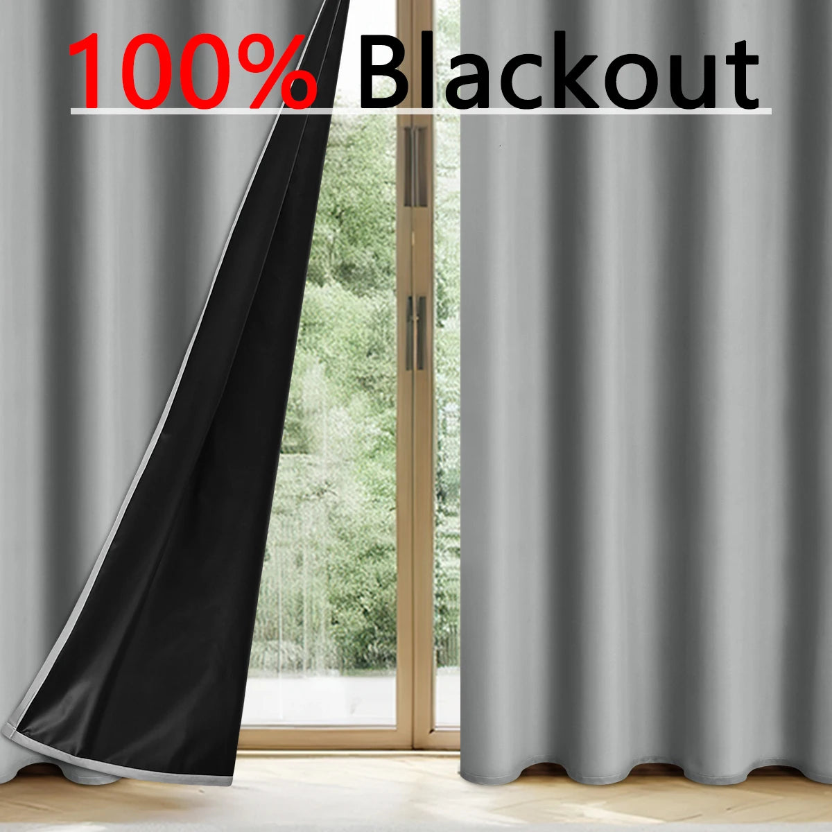 Blackout curtains shown in a vertical fold, emphasizing 100% blackout feature against a window.
