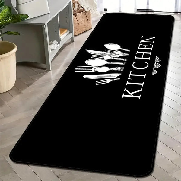 Black non-slip oil-proof floor mat featuring a white silhouette of various kitchen utensils.