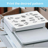 A printer is shown printing a desired pattern onto water-soluble adhesive embroidery stabilizer sheets.