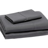 A stack of four dark gray microfiber flat fitted sheets.