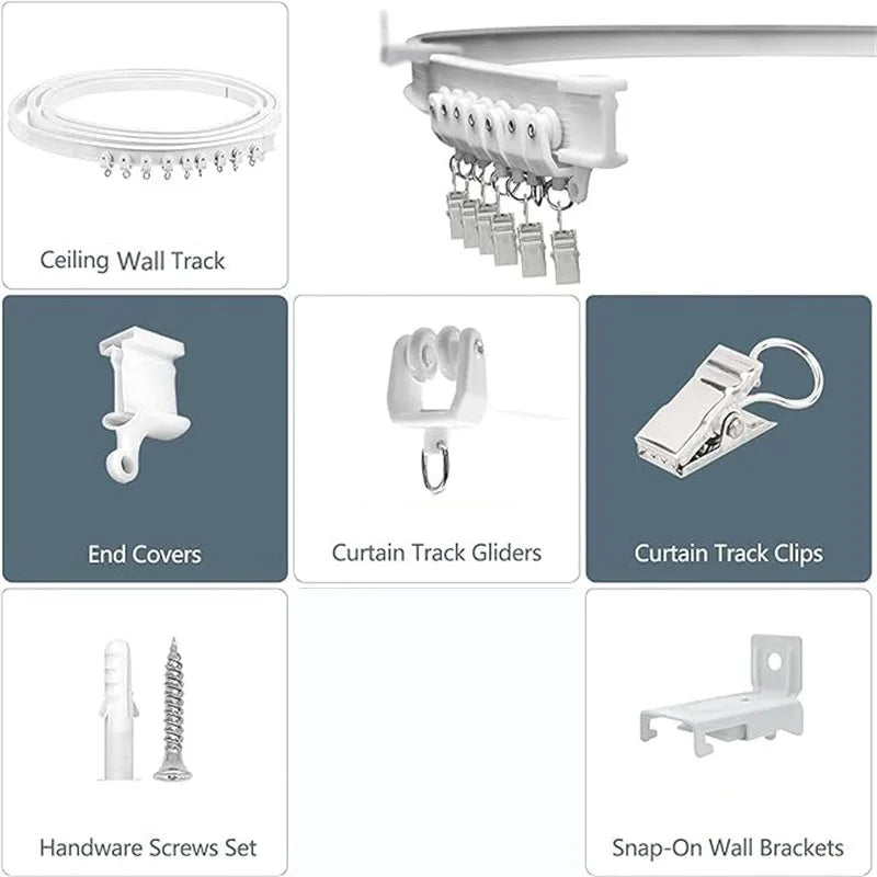 A set of flexible bendable curtain track components including ceiling wall track, end covers, track gliders, clips, hardware 