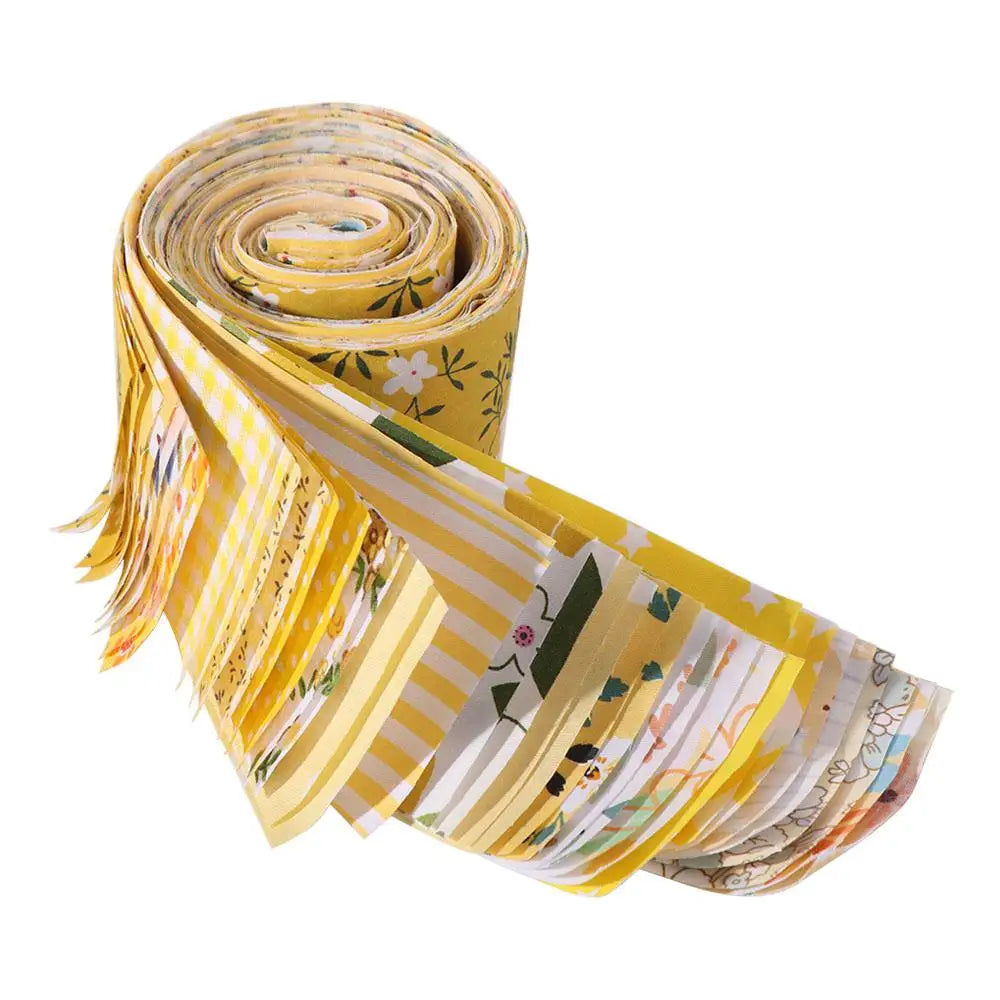 Yellow and white striped floral cotton fabric rolled into a decorative strip for quilting and crafting