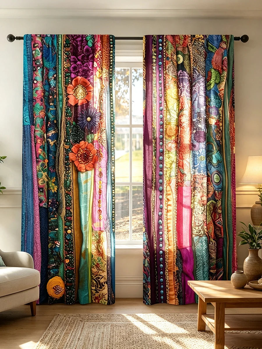 Colorful digital print patchwork curtains featuring vibrant floral and abstract patterns.