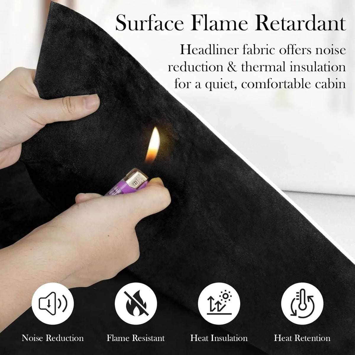 A hand lights a piece of black suede fabric, demonstrating its surface flame retardant properties for noise reduction and the