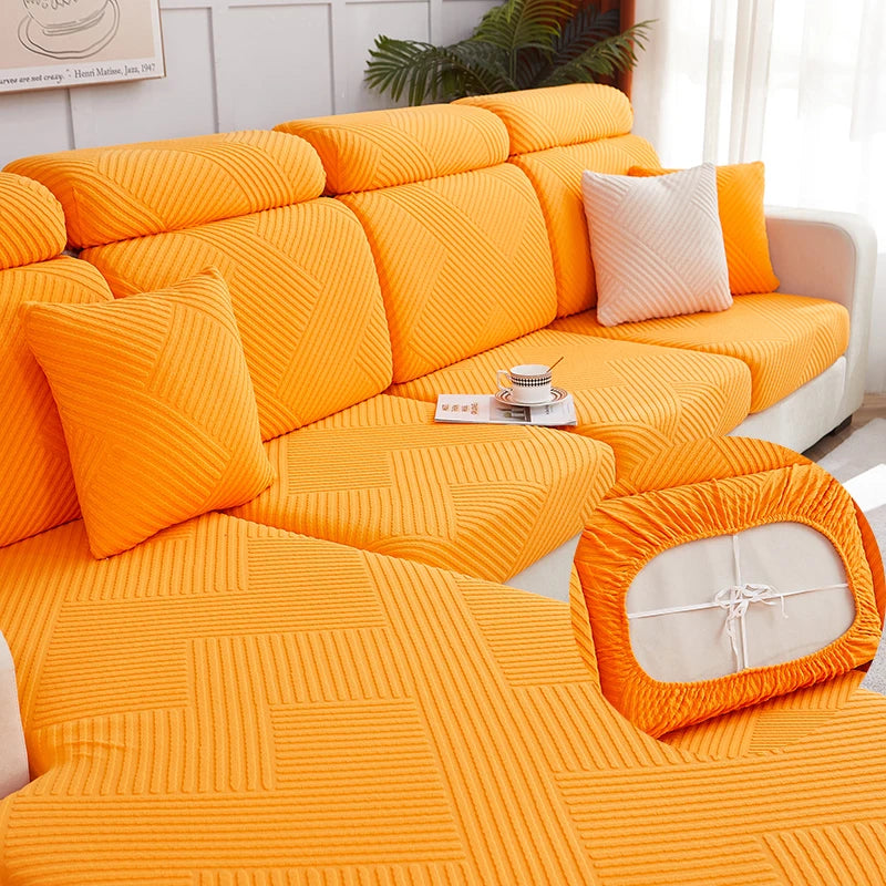 Bright orange jacquard plush sofa cushion covers with geometric patterns and pillows