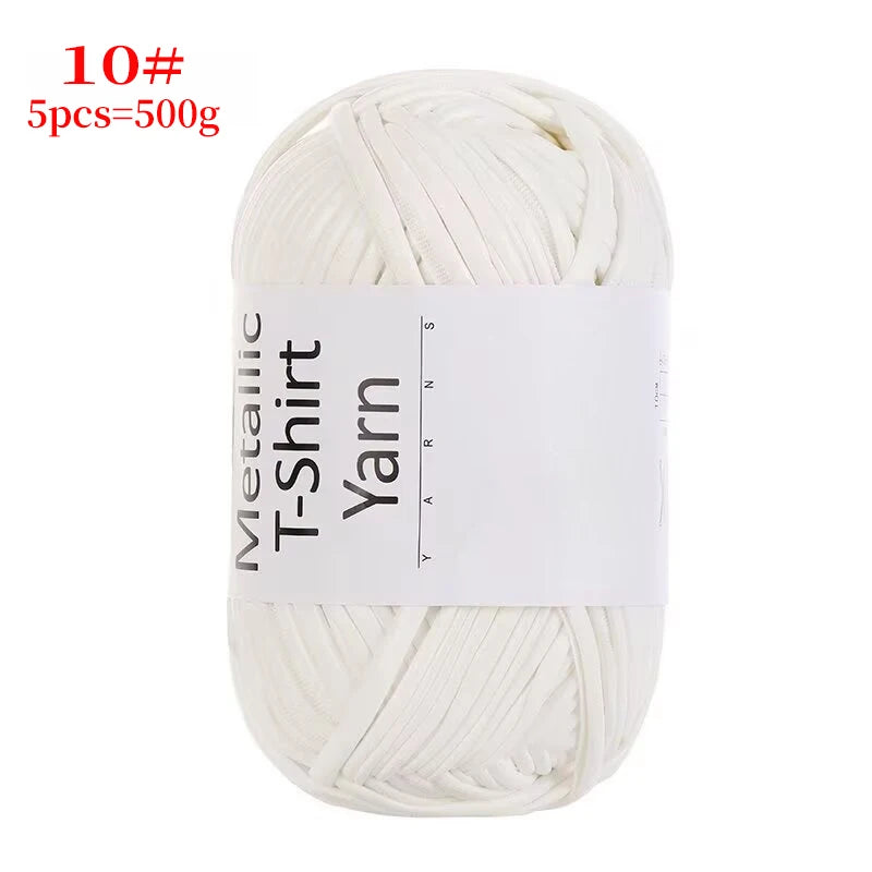 A ball of white metallic T-shirt yarn for crochet and DIY crafts