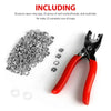 A set of metal prong rings and snap buttons including open-ring caps, sockets, and studs for making complete sets of snaps.