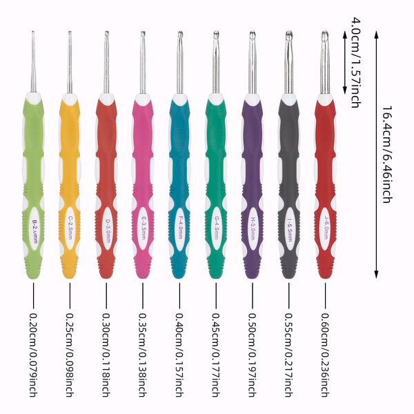A set of various sized crochet hooks shown vertically in different colors and materials.