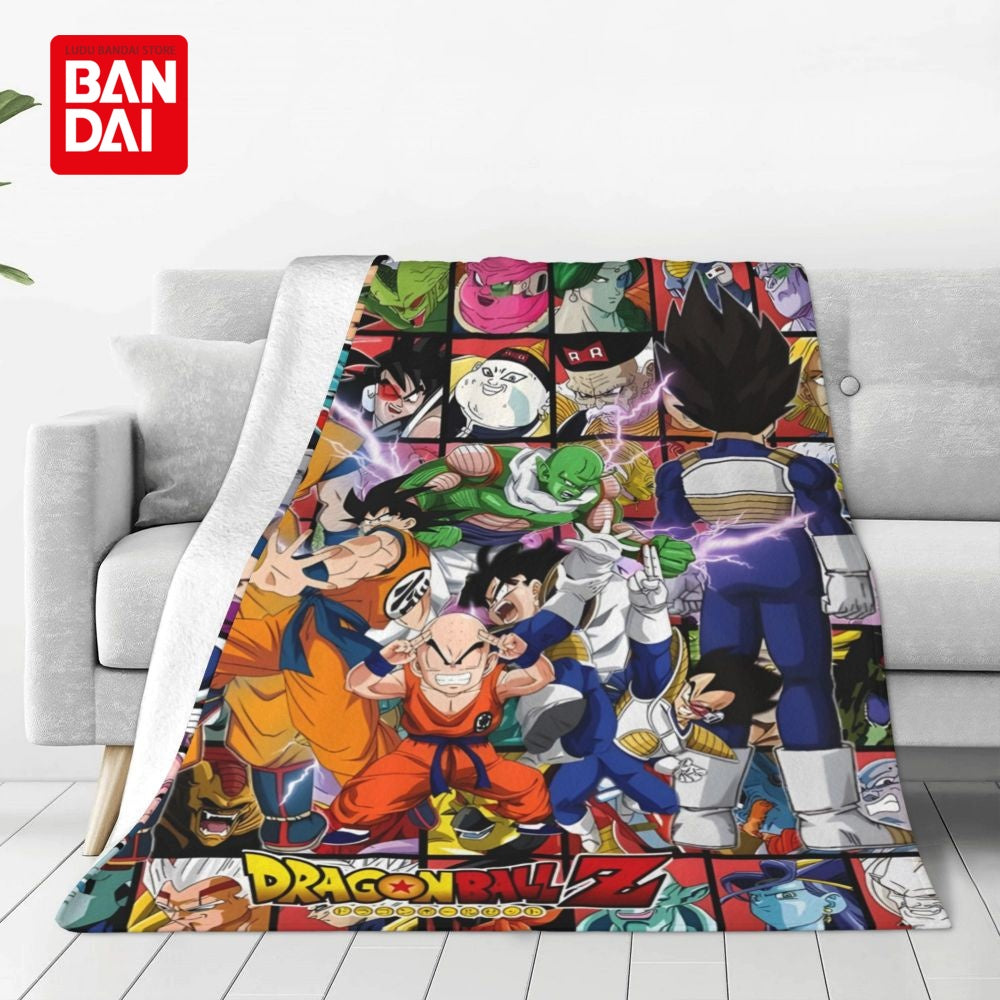 A colorful flannel throw blanket featuring various Dragon Ball Z anime characters.