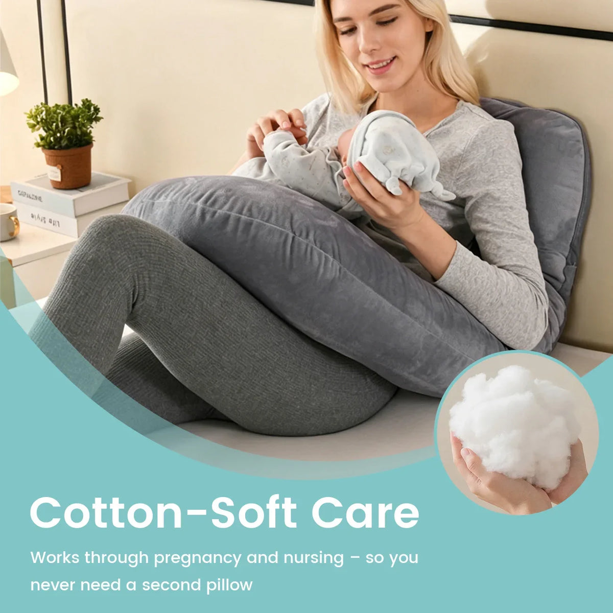 A woman is using a soft, white cotton pillow for support while sitting on an ergonomic maternity pillow.