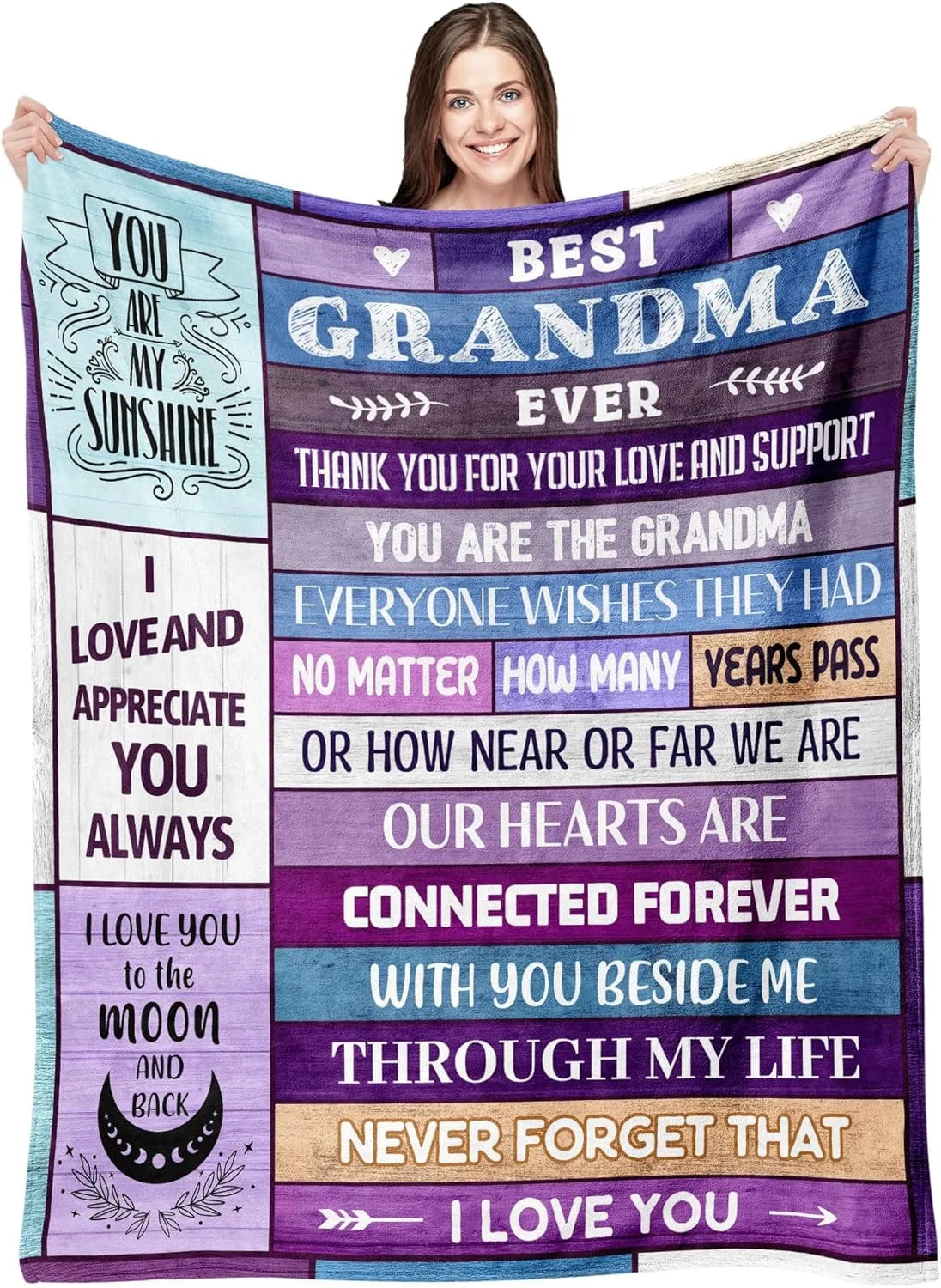 A purple throw blanket featuring text expressing love and appreciation for a grandma