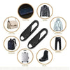 A collection of various replacement zipper pullers and accessories including bags, jackets, sportswear, trousers, and boots.