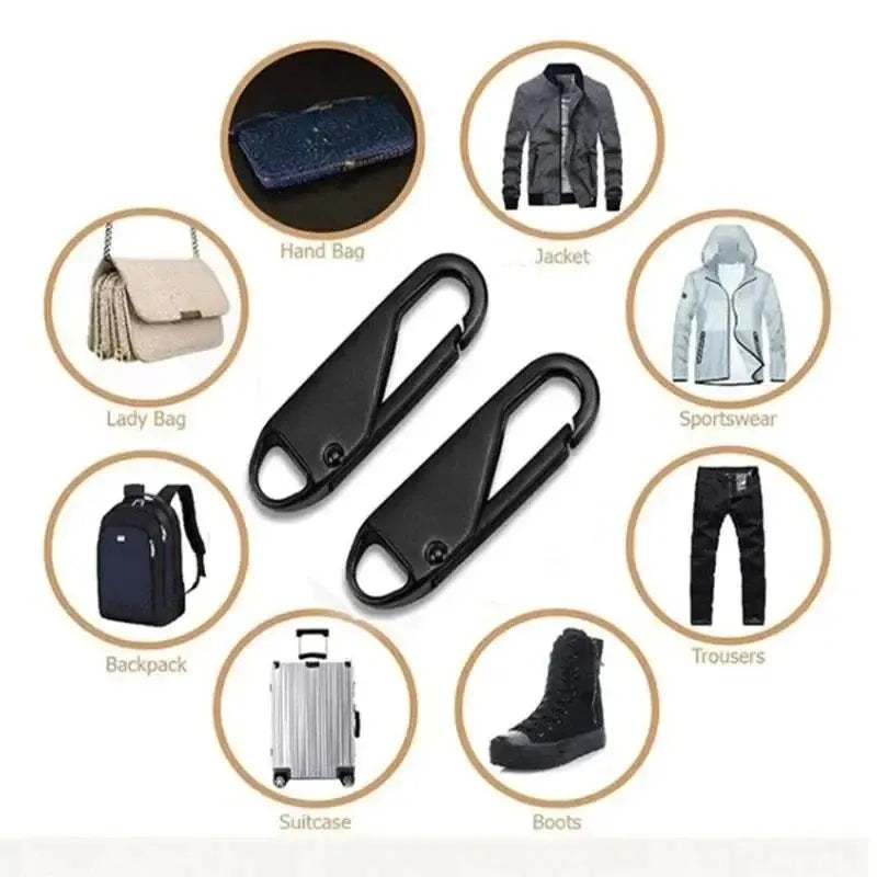 A collection of various replacement zipper pullers and accessories including bags, jackets, sportswear, trousers, and boots.