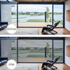 Before and after comparison of a one-way privacy window film installation on a large glass window.