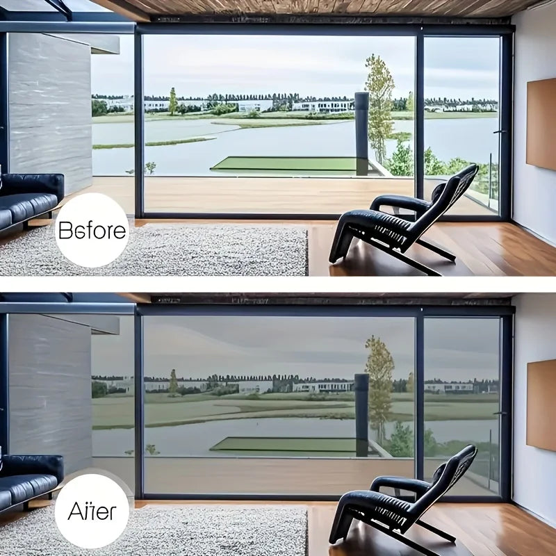 Before and after comparison of a one-way privacy window film installation on a large glass window.