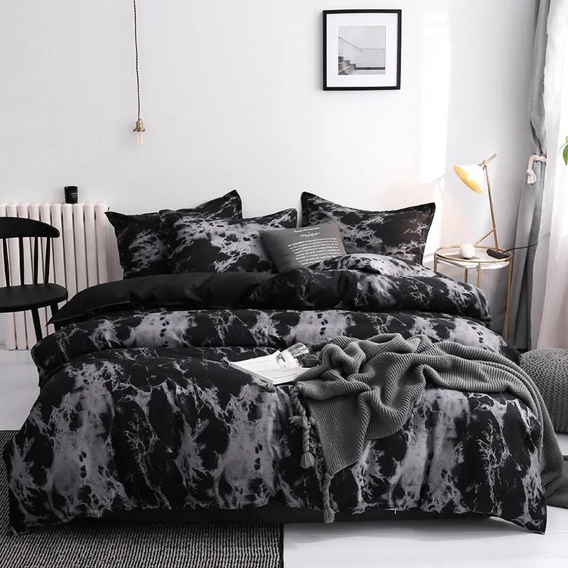 Black and white tie-dye duvet covers and pillow cases for a queen or king bed set
