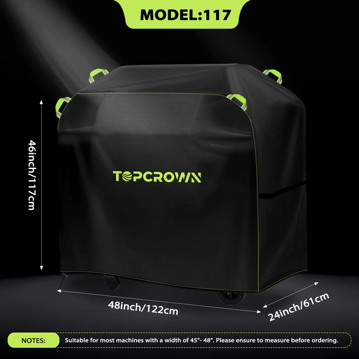 Black heavy-duty BBQ grill cover with reflective protection shown from the top view.