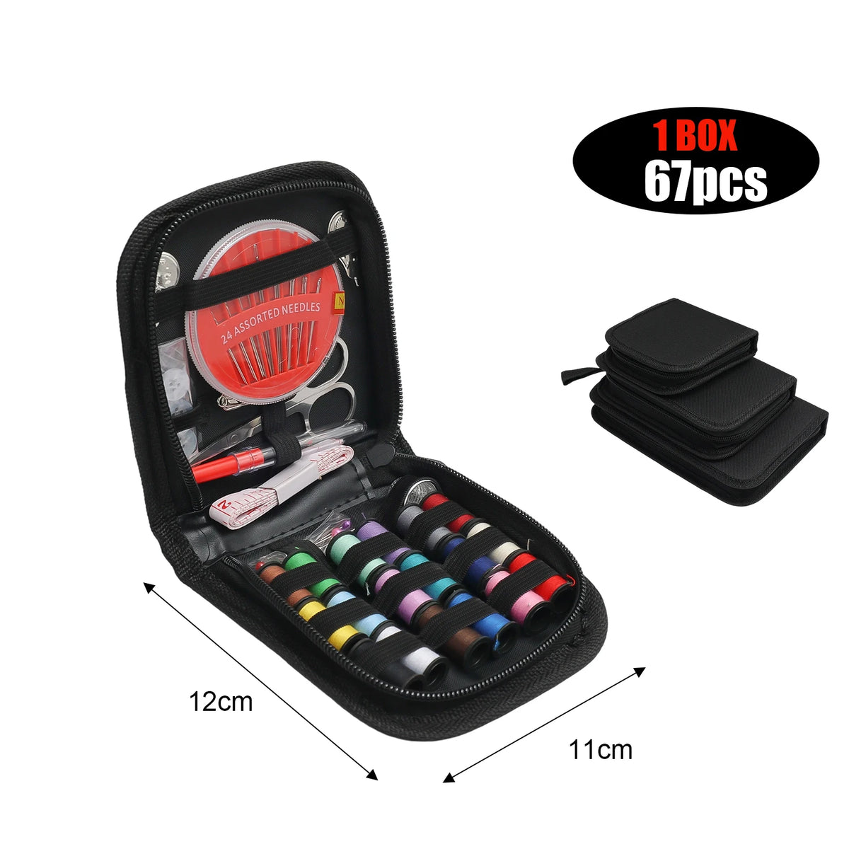 A black sewing kit box showing assorted needles and various tools, with separate storage pouches.