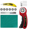 A precision rotary cutting kit featuring a yellow cutter, six metal blades, and a green cutting mat.