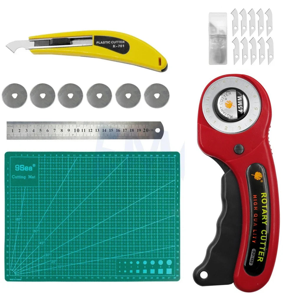 A precision rotary cutting kit featuring a yellow cutter, six metal blades, and a green cutting mat.