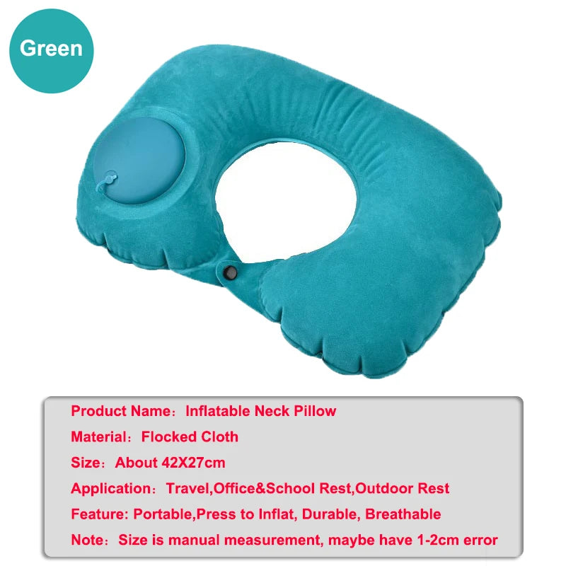 A teal inflatable neck pillow shaped like a U for travel, office, or school rest.